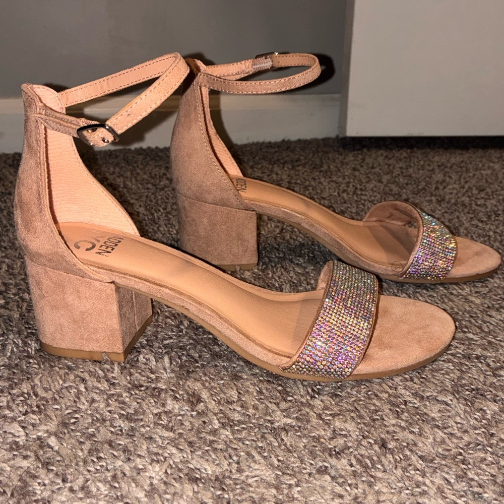 Pink and Tan Block Heels with Pink Glitter Strap